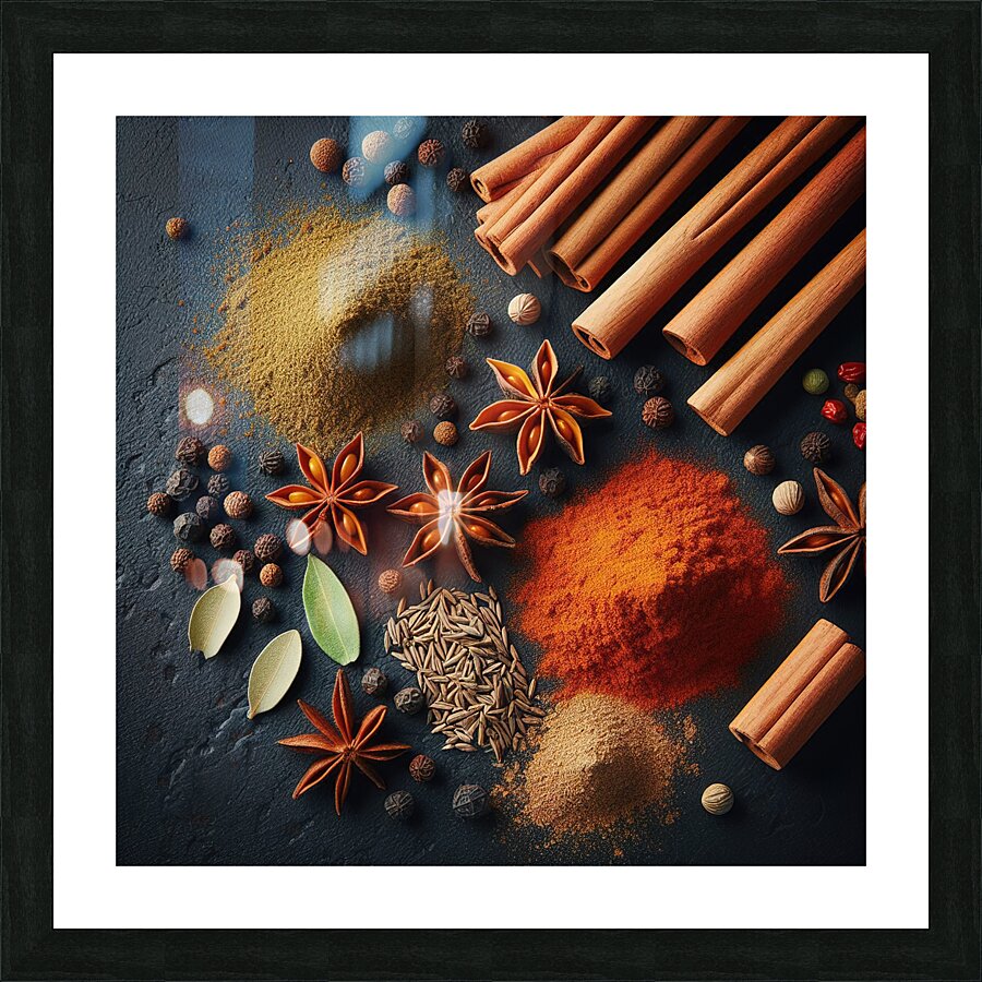 Spices on black background 4 Picture Frame print
