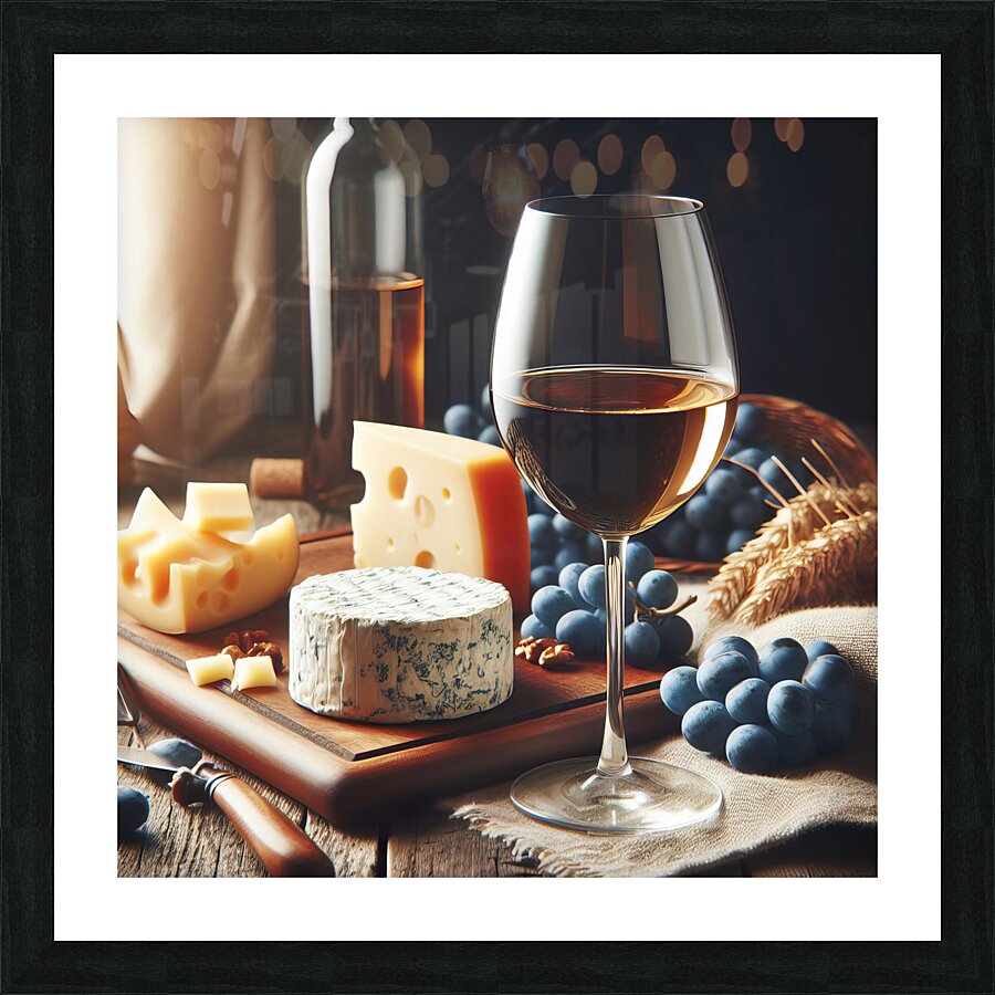 Cheese wine grapes on food composition in dark ke 1714825964.6358 Picture Frame print