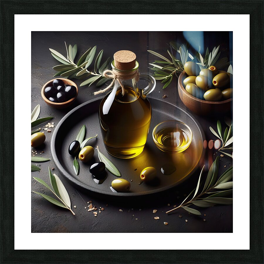a bottle of extra virgin olive oil on a rustic ba 1714940180.9181 Picture Frame print