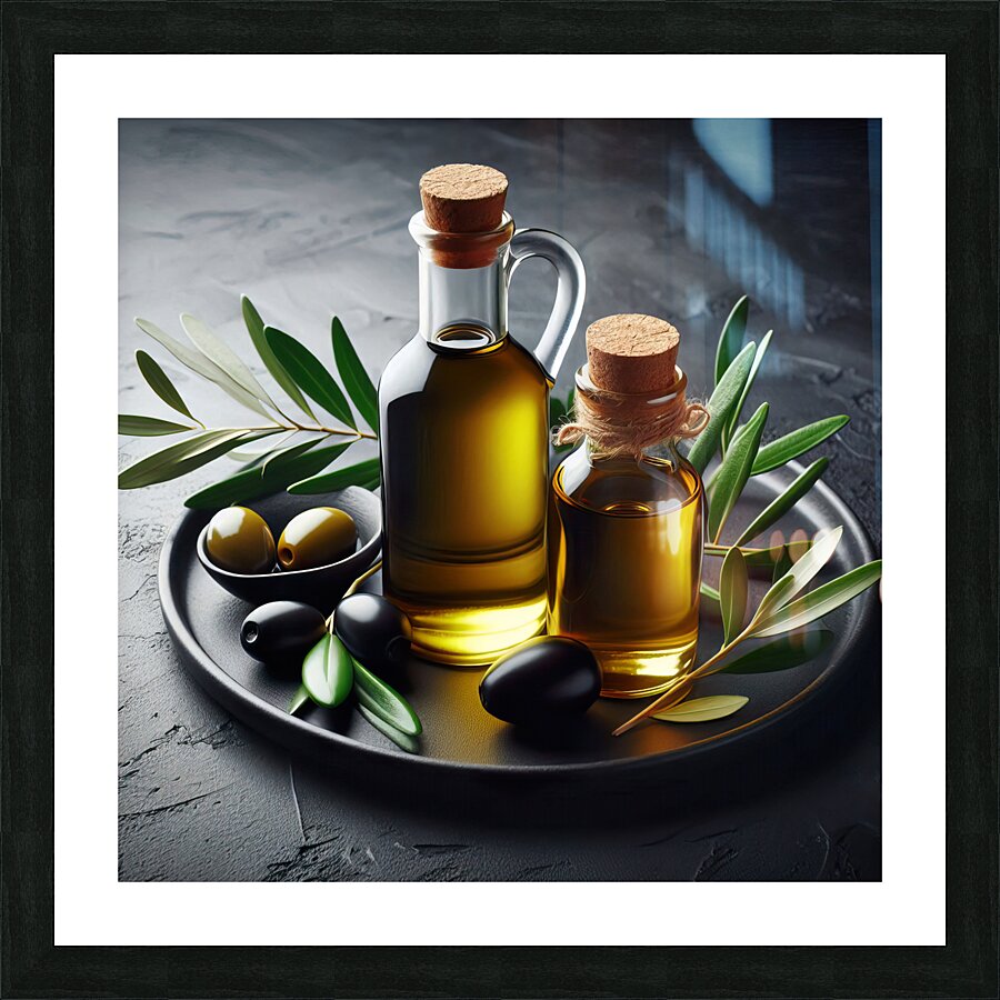 a bottle of extra virgin olive oil on a rustic ba 1714940173.2876 Picture Frame print