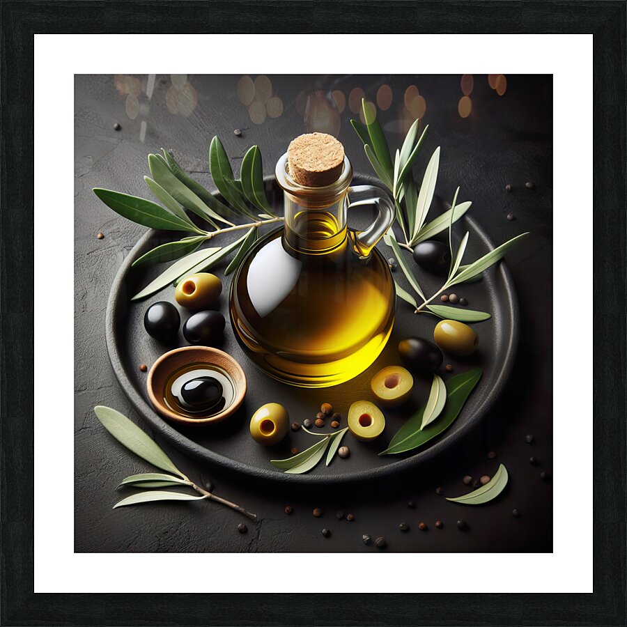 a bottle of extra virgin olive oil on a rustic ba 1714940215.3253 Picture Frame print