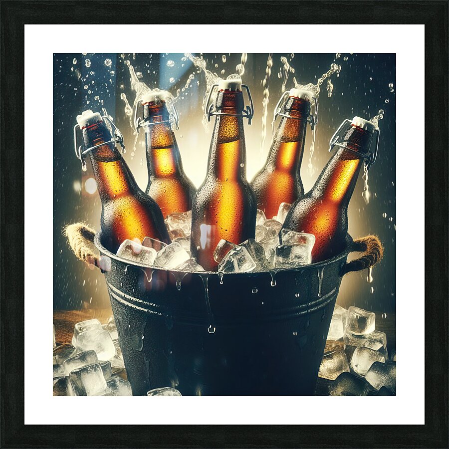 Metal bucket with beer bottles and ice cubes 14.j Picture Frame print