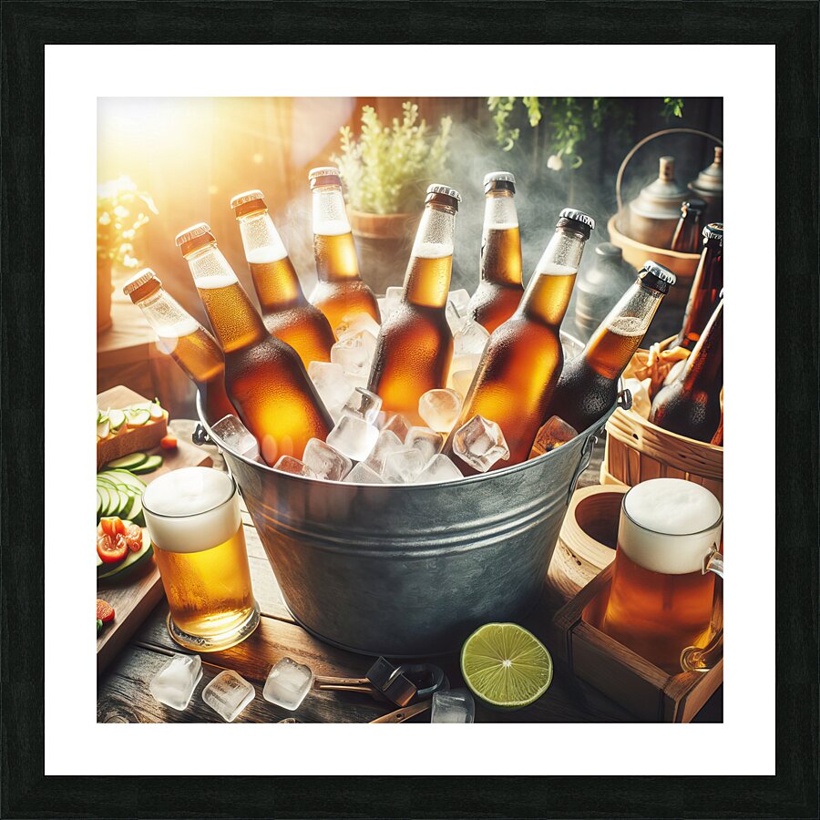 Metal bucket with beer bottles and ice cubes 17.j Picture Frame print