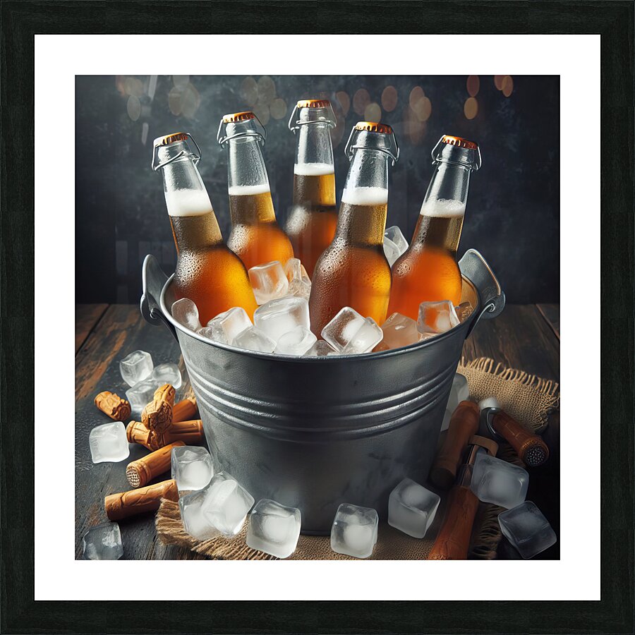Metal bucket with beer bottles and ice cubes 3.jp Picture Frame print