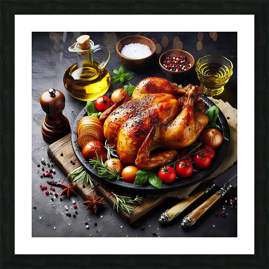 Roasted chicken on wooden board 11 Picture Frame print