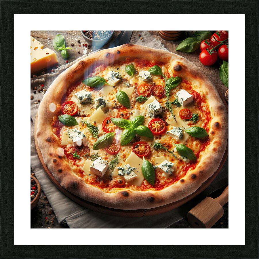 a delicious Italian salami cheese pizza over a wo Picture Frame print