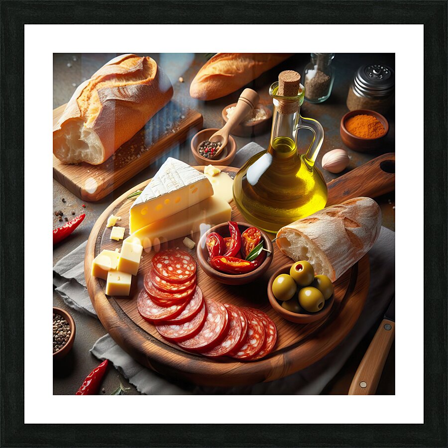 A wooden board with a variety of foods such as ch 1715187976.0502 Picture Frame print