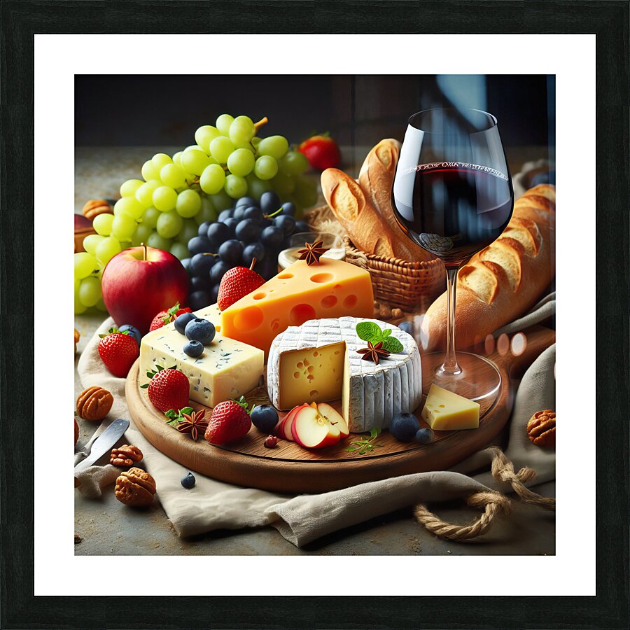 A wooden board with a variety of foods such as ch 1715187951.3367 Picture Frame print