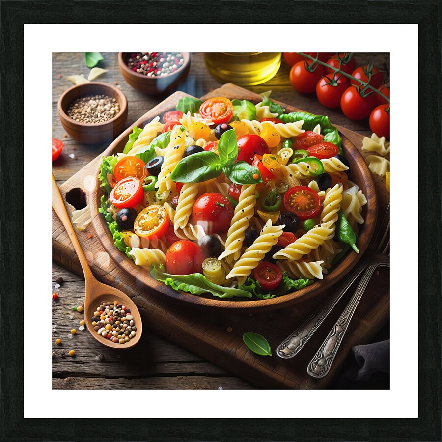 Italian pasta salad on wooden board 8 Picture Frame print