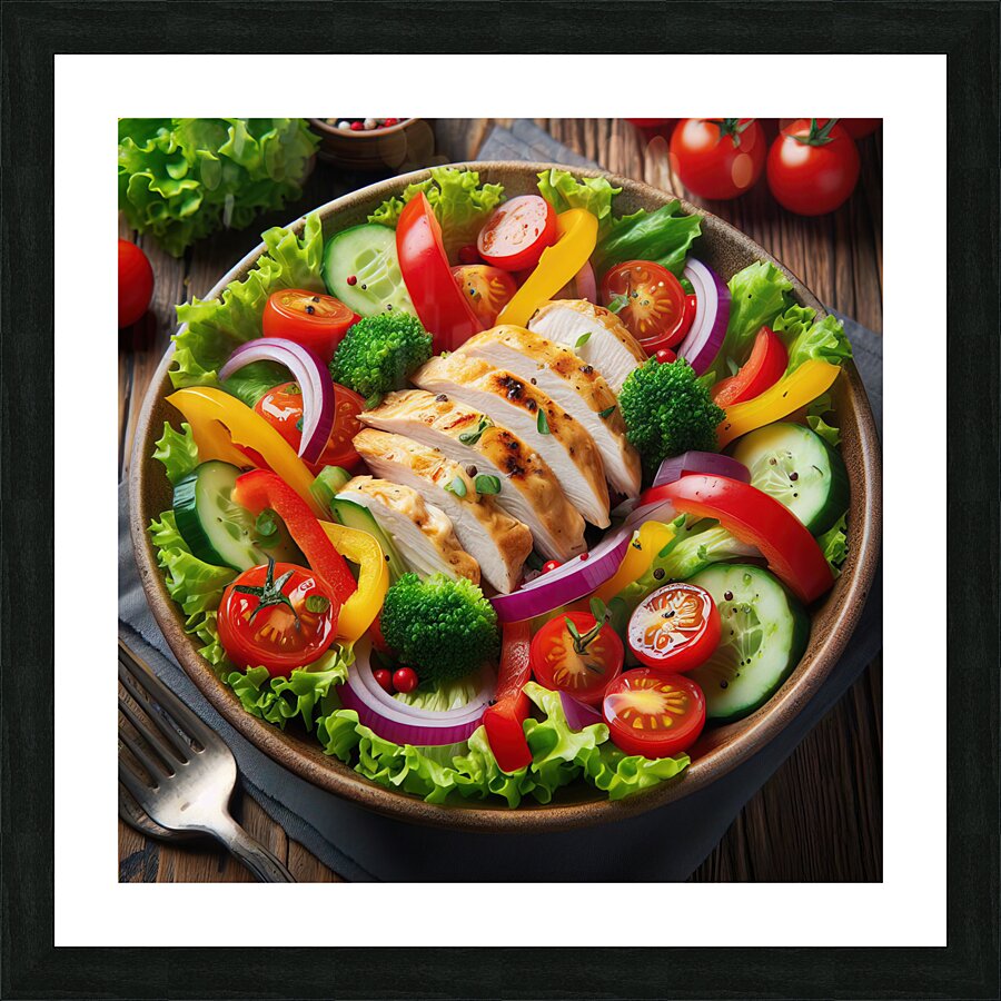 Chicken salad with tomato lettuce on wooden board 1715271873.2538 Picture Frame print