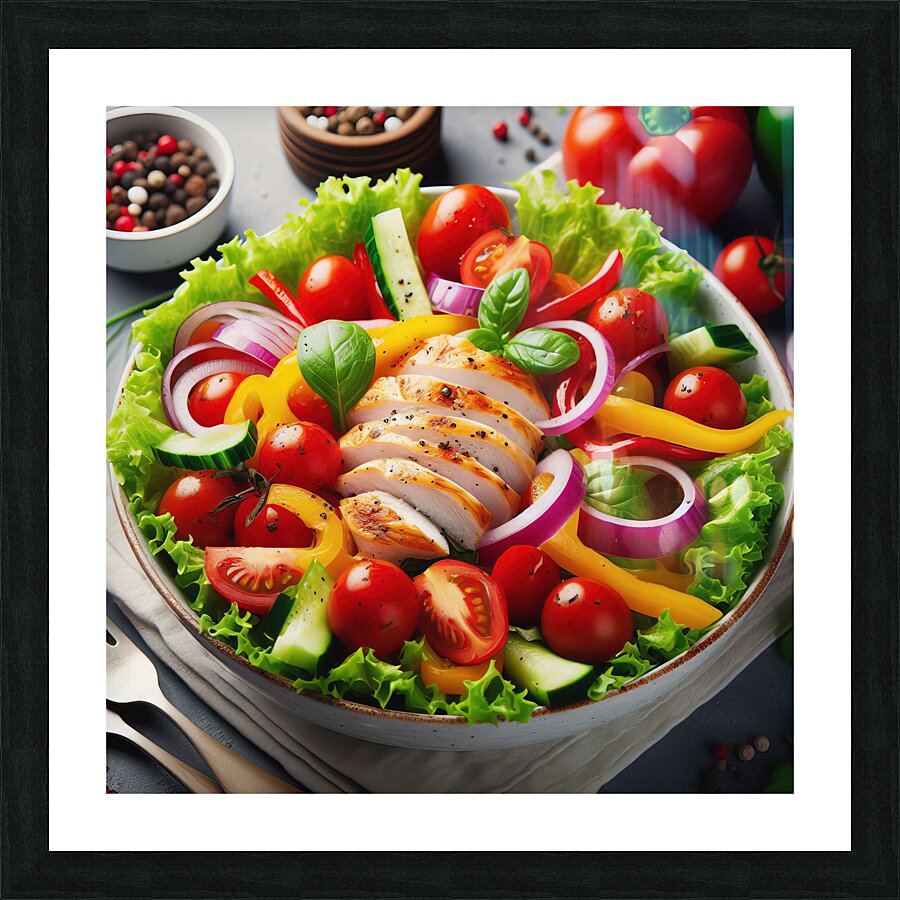 Chicken salad with tomato lettuce on wooden board 1715271954.6278 Picture Frame print