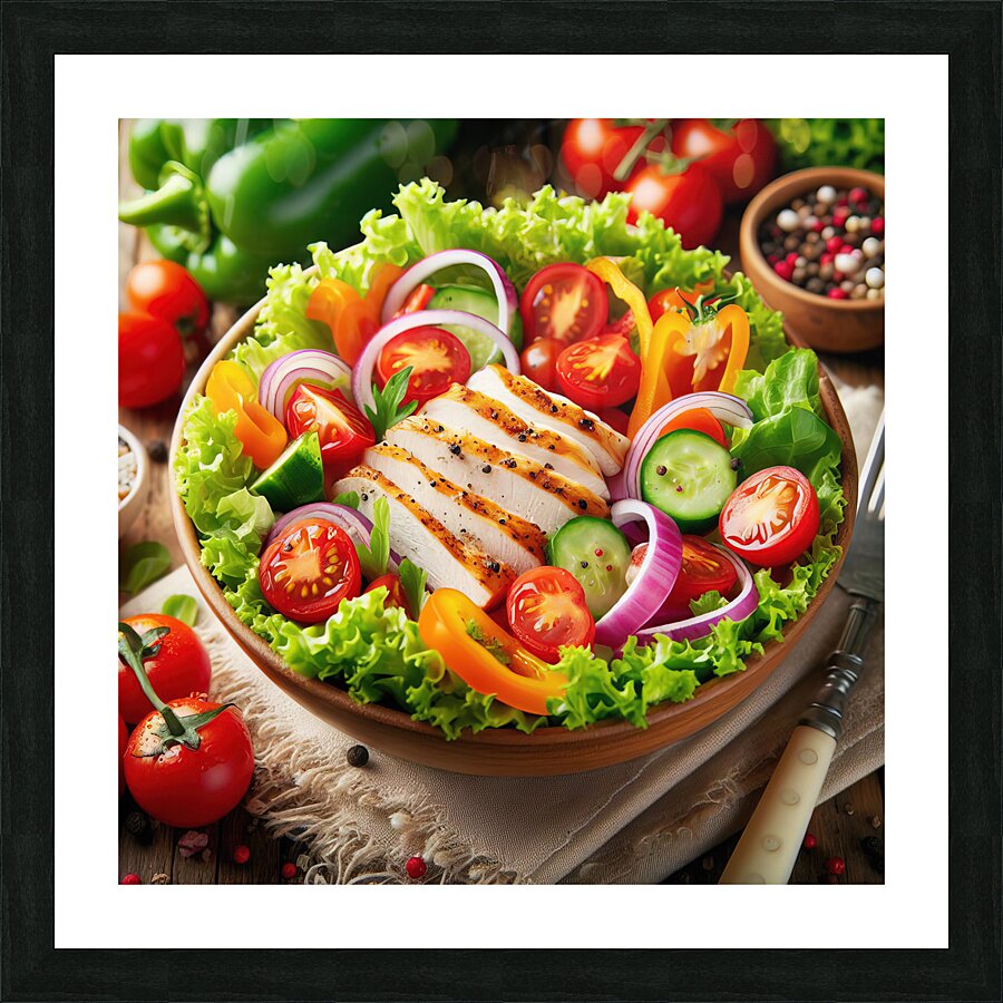 Chicken salad with tomato lettuce on wooden board 1715271953.3073 Picture Frame print