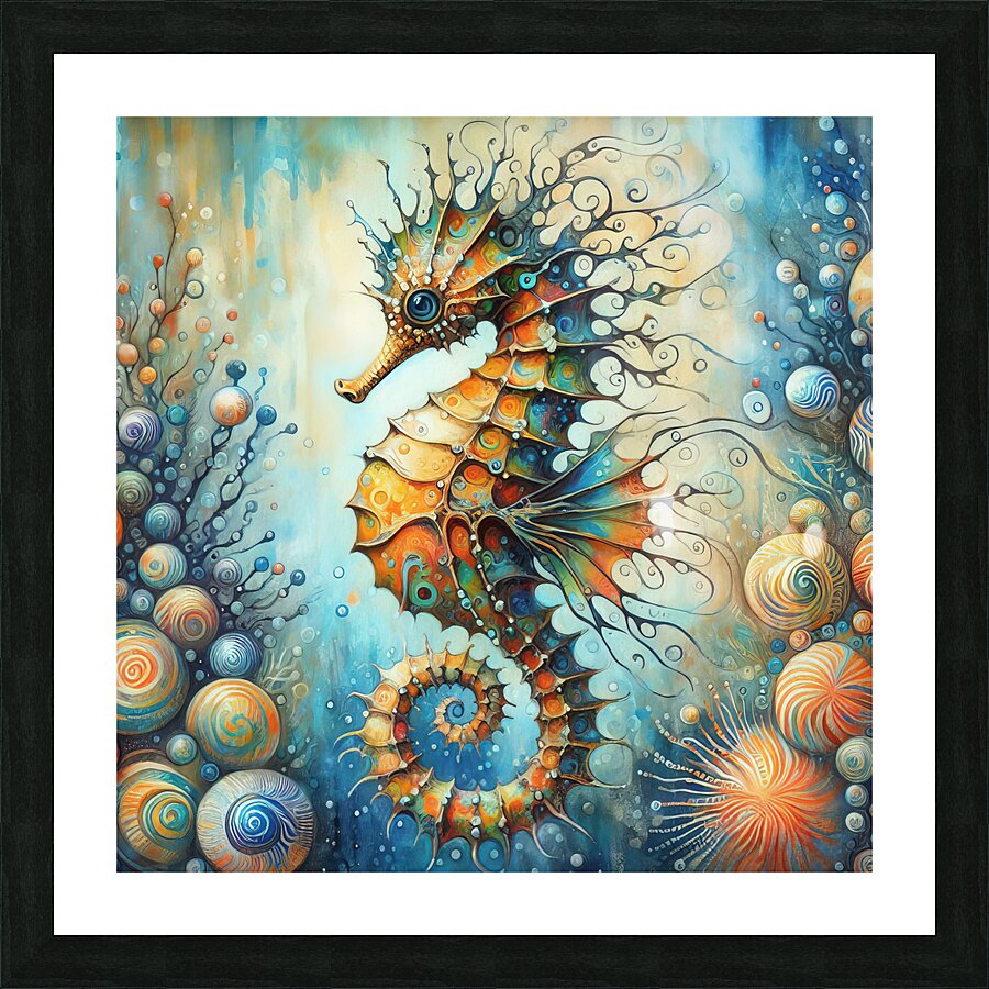 300 Mixed media painting of a whimsical seahorse. Picture Frame print