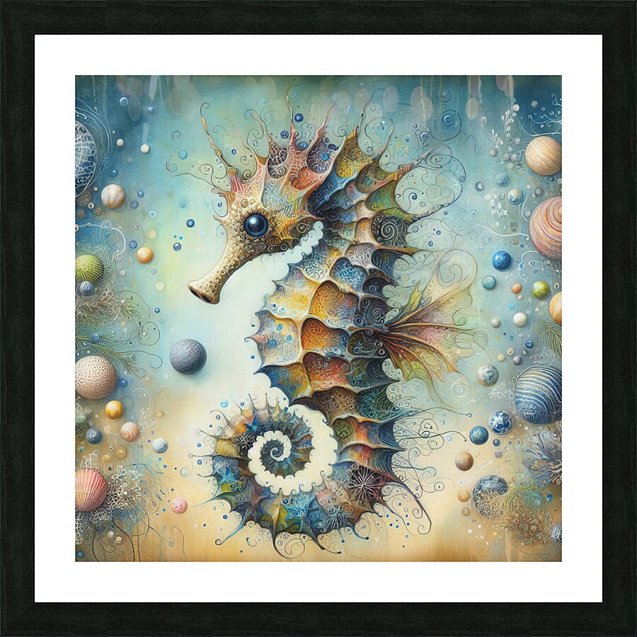 299 Mixed media painting of a whimsical seahorse. Picture Frame print