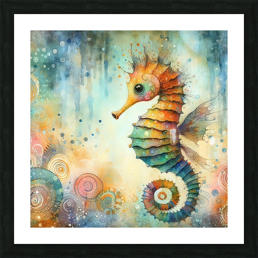 291 Mixed media painting of a whimsical seahorse. Picture Frame print