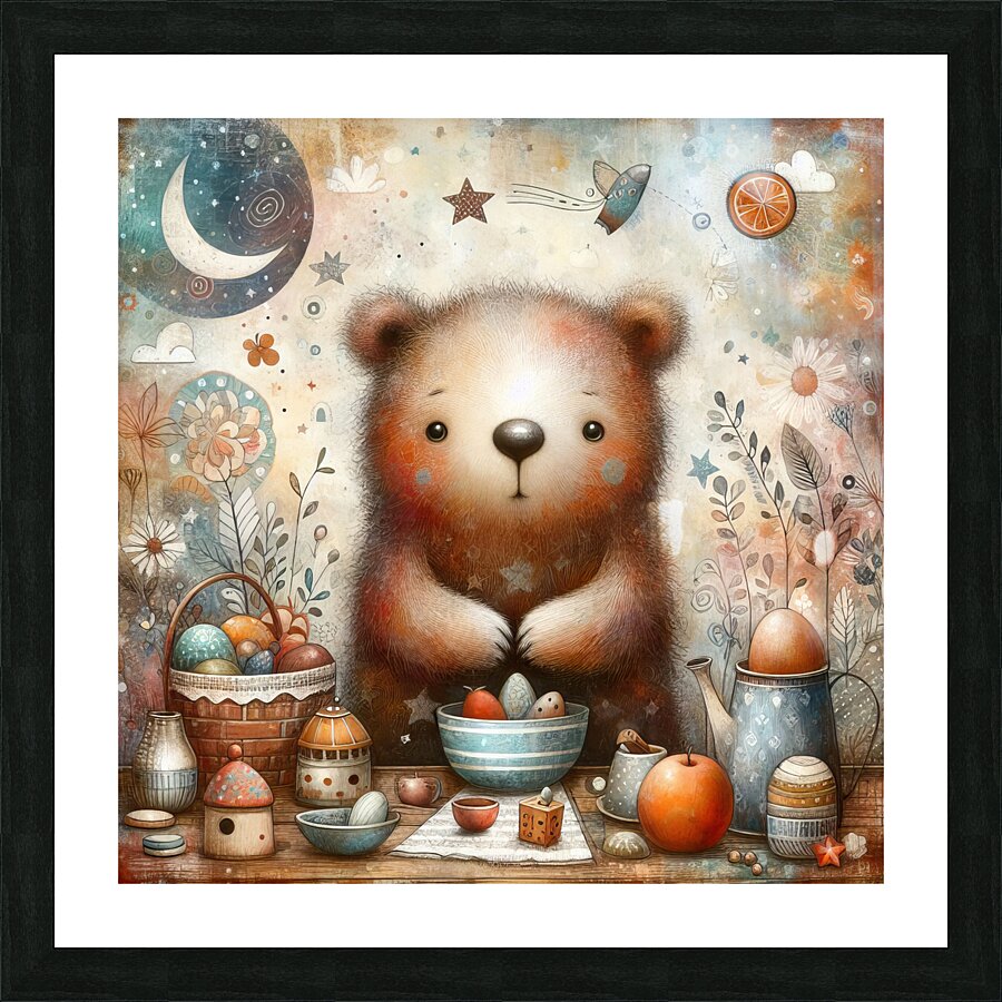 350 Mixed media painting of a whimsical bear Picture Frame print