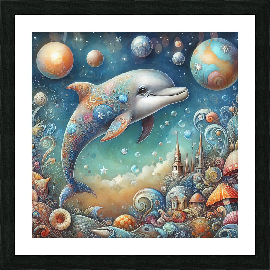 371 Mixed media painting of a whimsical dolphin.j Picture Frame print