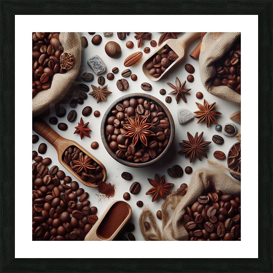 49 Coffee beans isolated top view white backgroun Picture Frame print