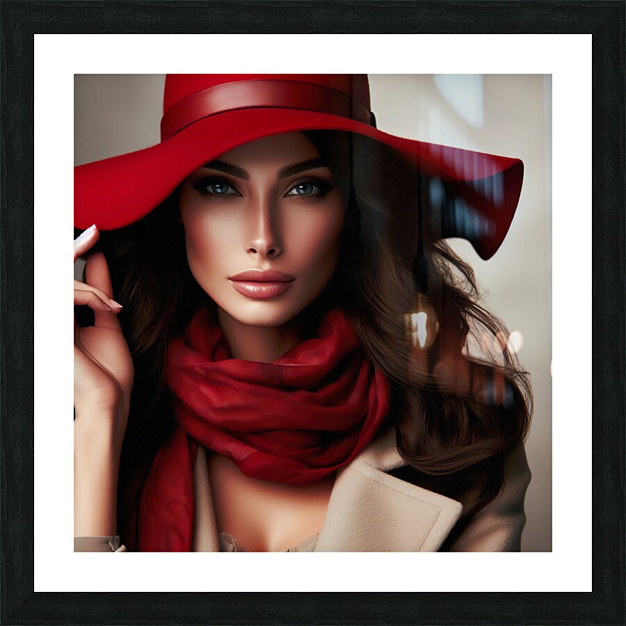 56 Elegant Woman in Red Hat and Scarf Picture Frame print