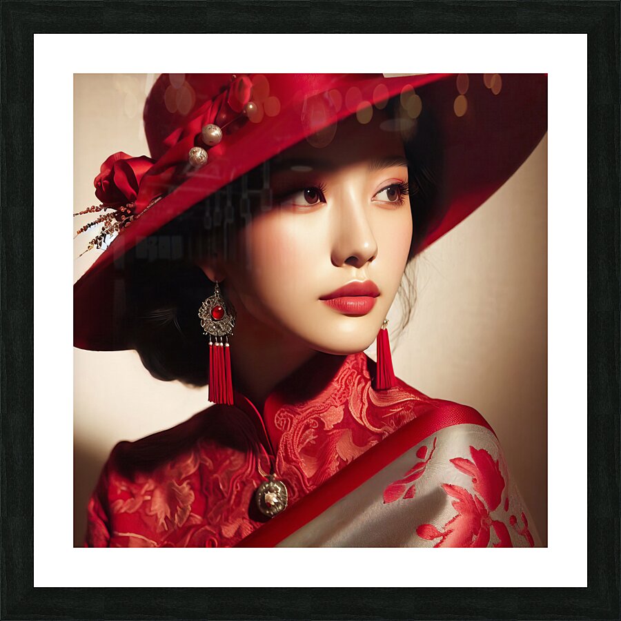54 Elegant Woman in Red Hat and Scarf Picture Frame print