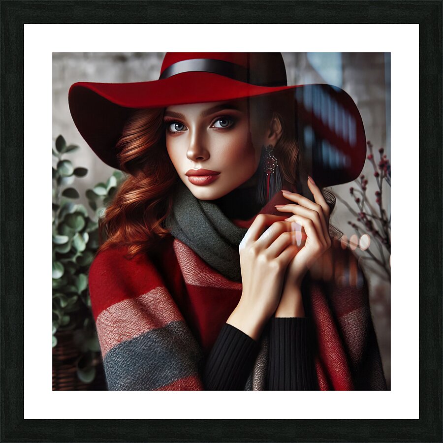 53 Elegant Woman in Red Hat and Scarf Picture Frame print