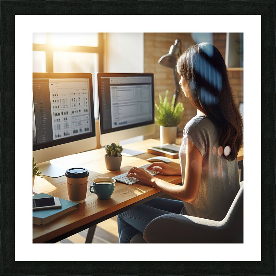 87 Woman working with her back at a desk with two 1718050788.6058 Picture Frame print