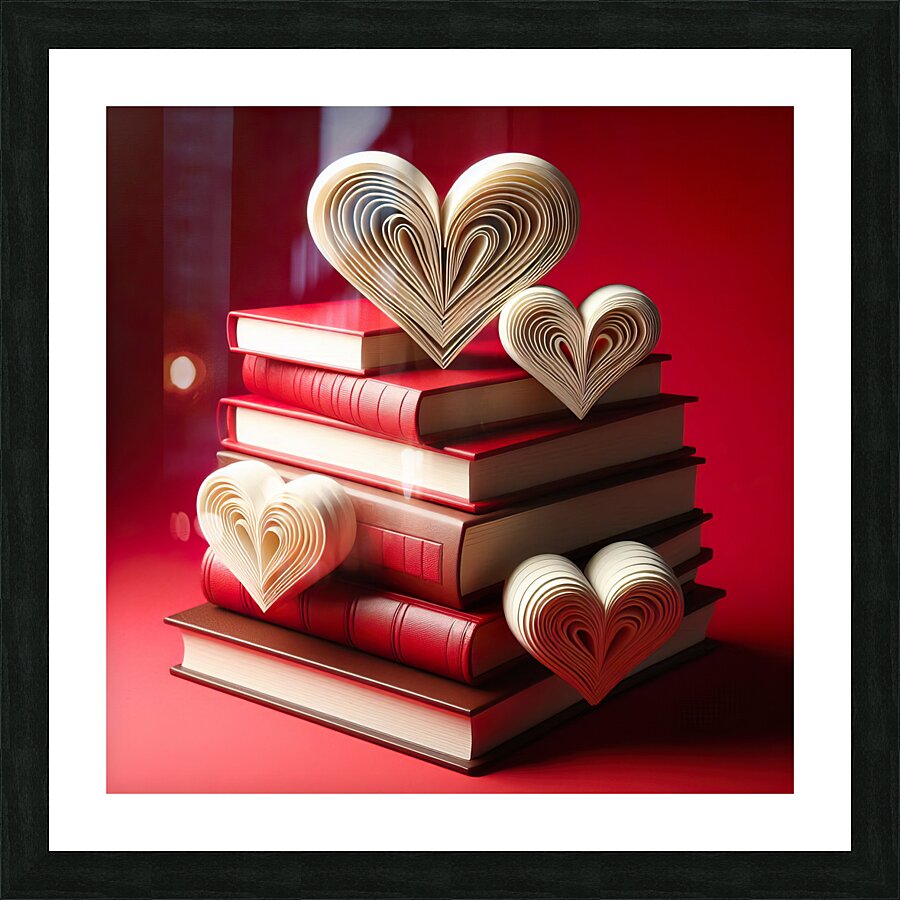 93 Heart Shaped Book Stack on Red Picture Frame print