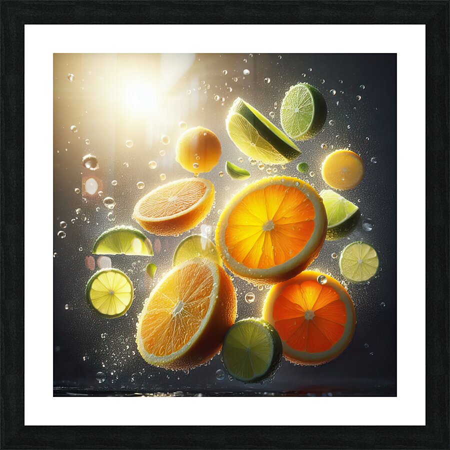 125 citrus slices floating in the air Picture Frame print