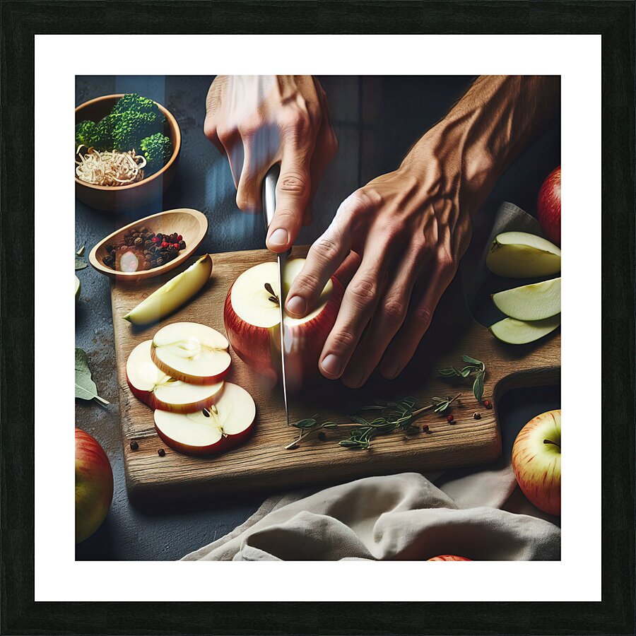 145 Cropped picture of hands cutting apple on cut Picture Frame print