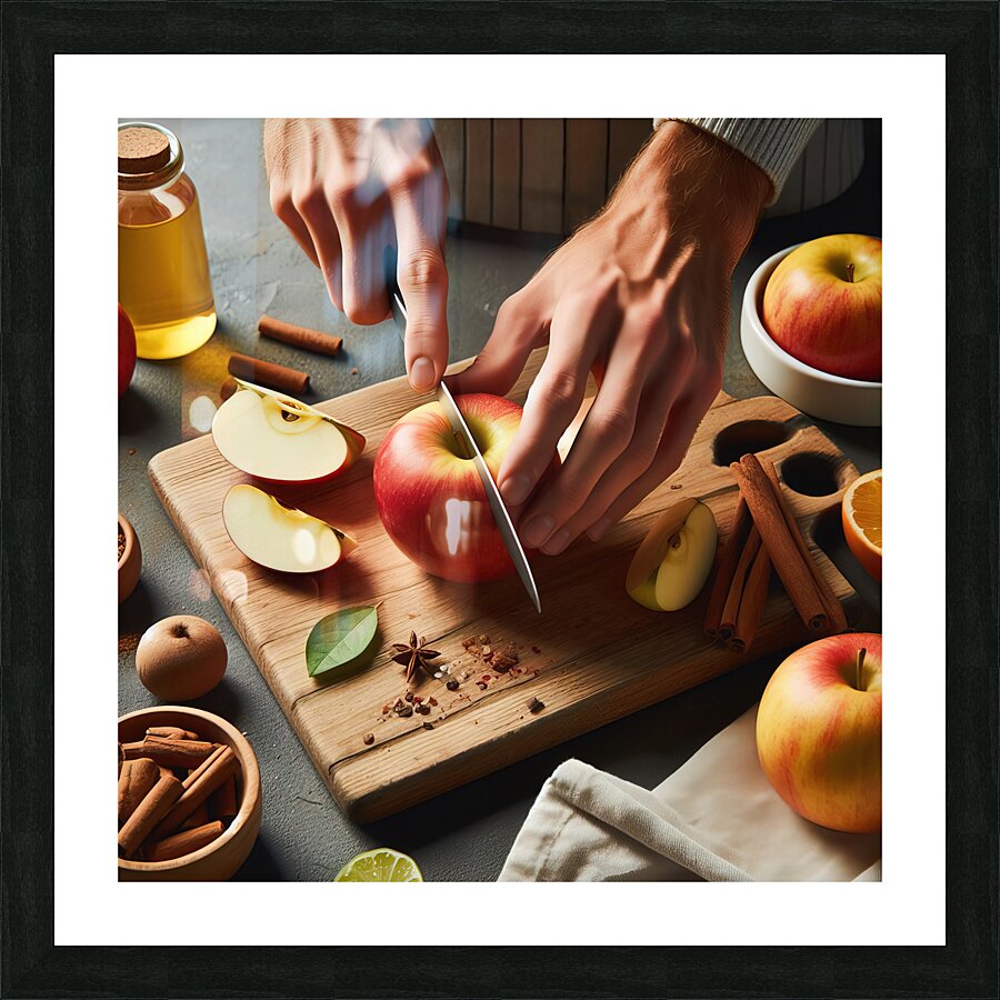 142 Cropped picture of hands cutting apple on cut Picture Frame print