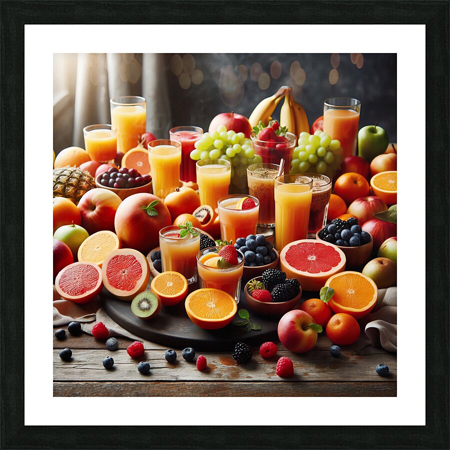 100 A table covered with glasses of juice and ass Picture Frame print