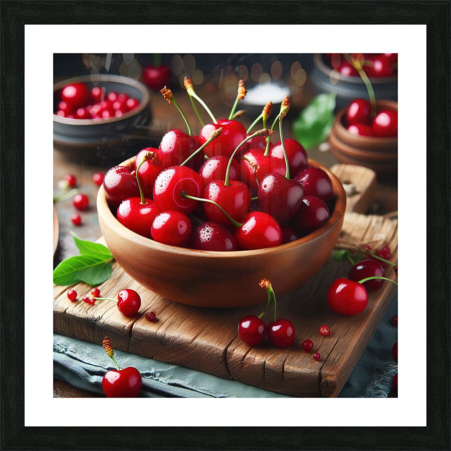 160 Red cherries on wooden board Picture Frame print