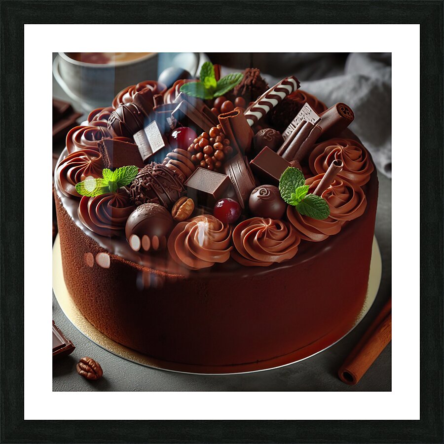 225 Chocolate cake with red berries and fruitscho Picture Frame print