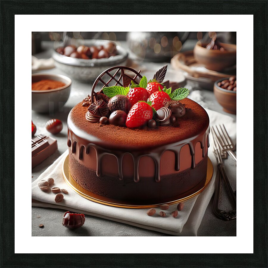 226 Chocolate cake with red berries and fruitscho Picture Frame print