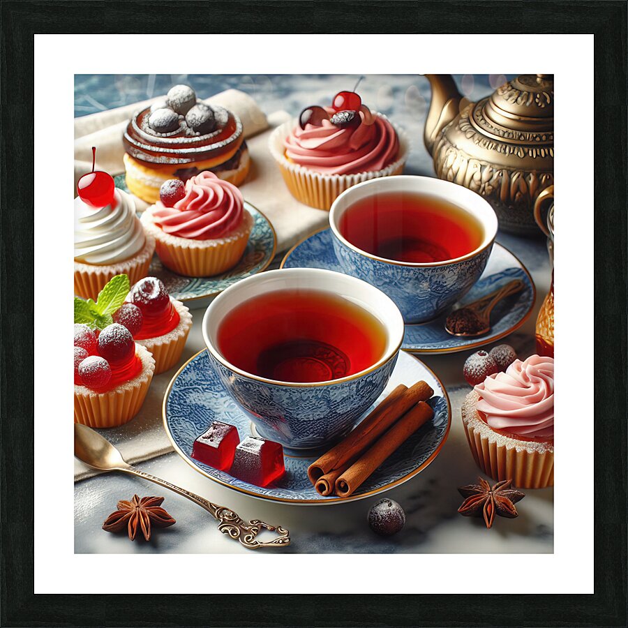268 Two cups of red tea with cakes and sweets on Picture Frame print