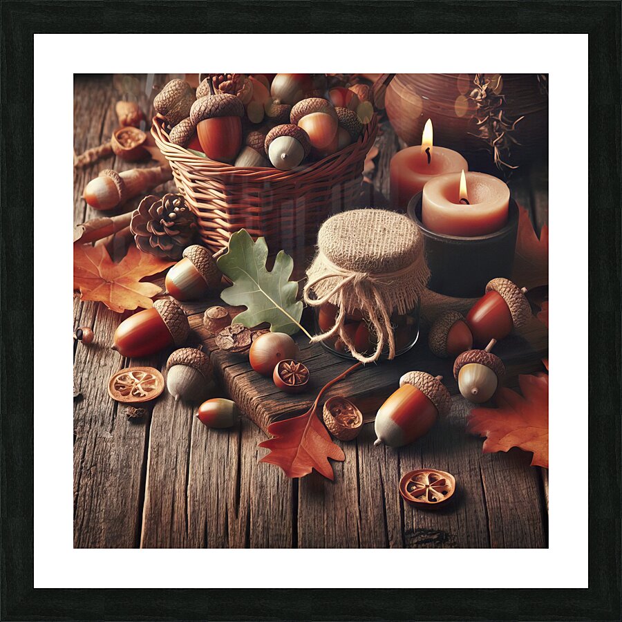 300 acorns and leaves on wooden table with copy s Picture Frame print