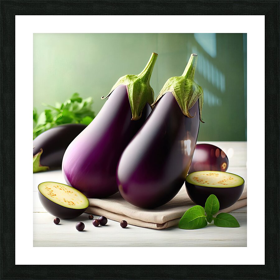266 Two fresh eggplants on a white table and gree Picture Frame print