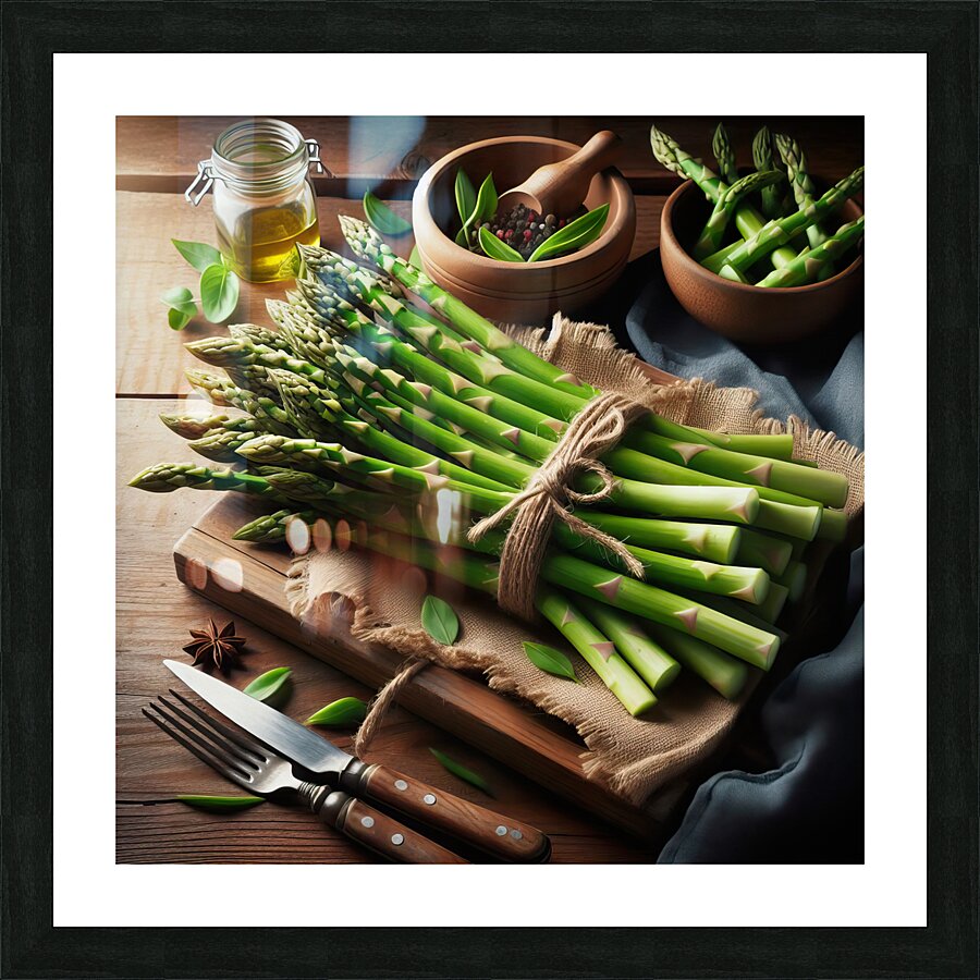 311 fresh thin green asparagus on a wooden table. Picture Frame print