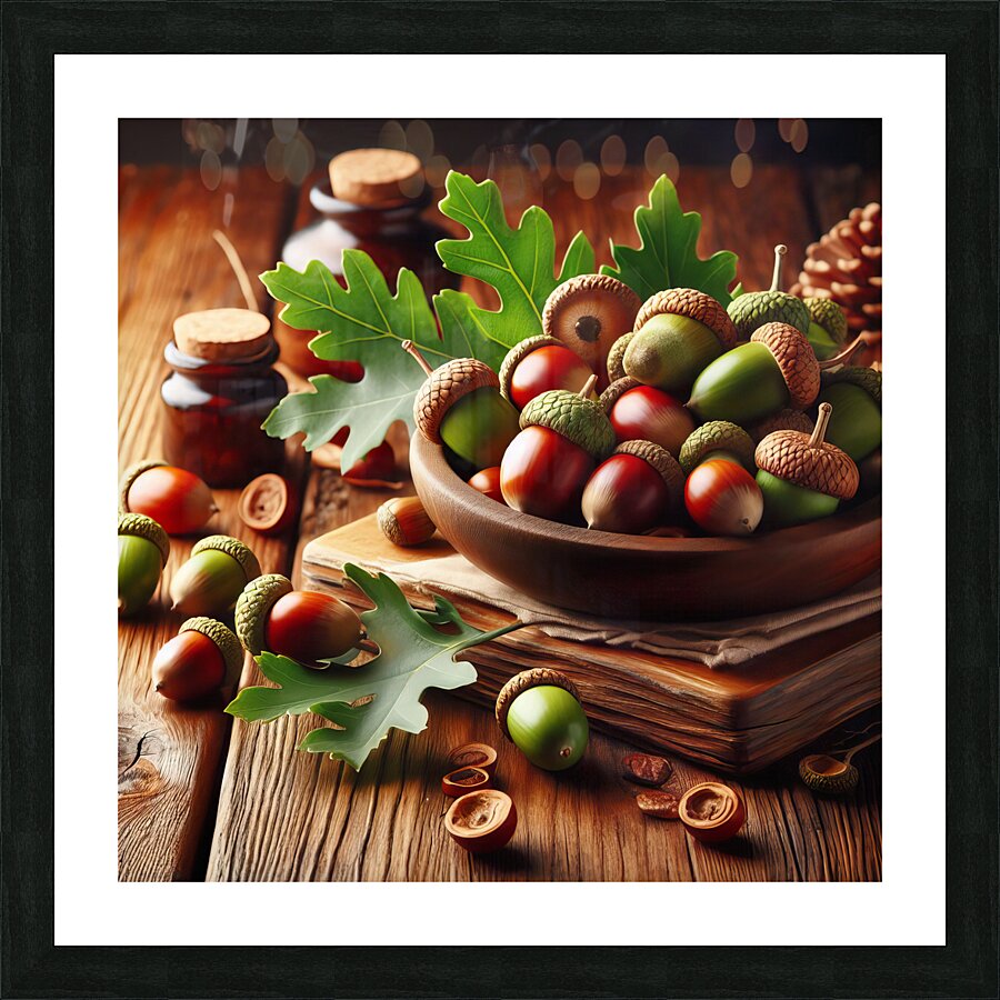 302 acorns and leaves on wooden table with copy s Picture Frame print