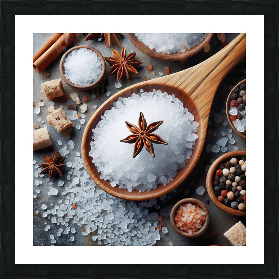 320 Sea ​​salt in wooden spoon top view Picture Frame print
