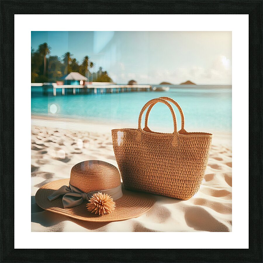 353 Bag with straw hat on the white sand on the t Picture Frame print