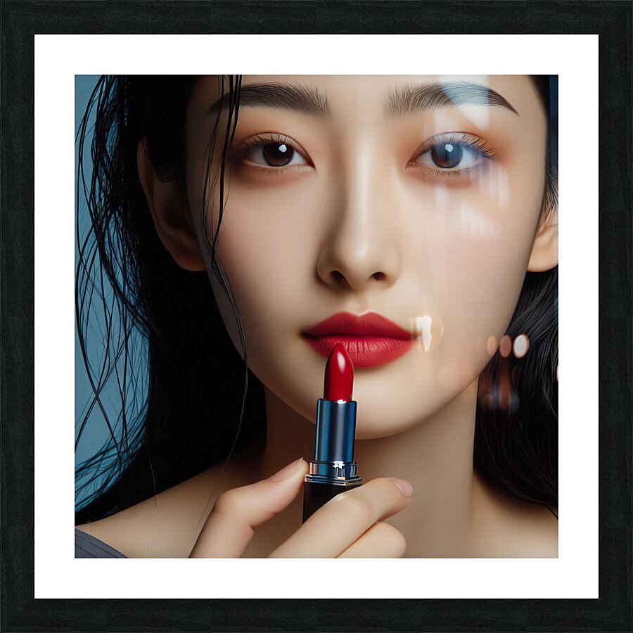 386 Women s red lipstick on blue background femin Picture Frame print