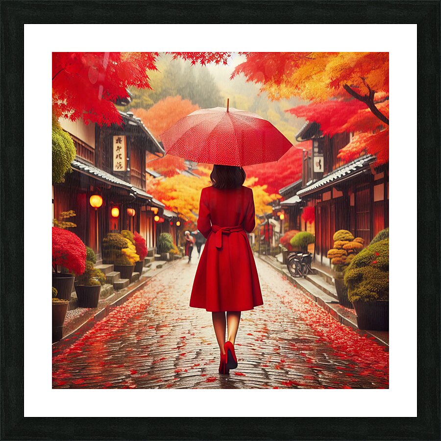 378 Woman in Red Coat with Red Umbrella from behi Picture Frame print