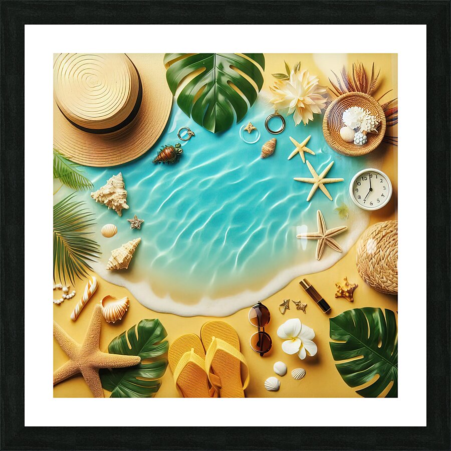 410 Yellow sand and blue sea water with summer ac Picture Frame print