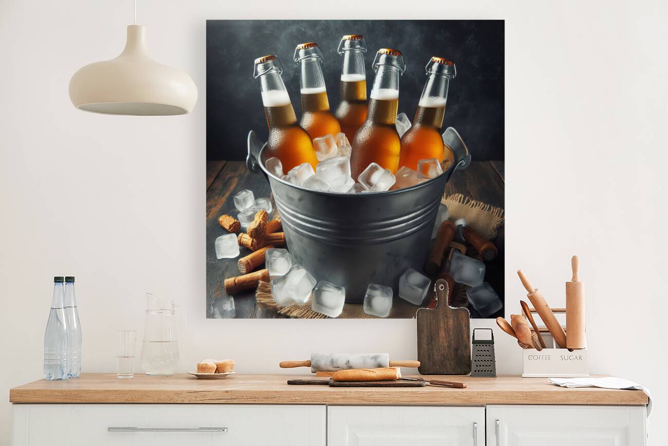 Metal bucket with beer bottles and ice cubes 3.jp Reproduction