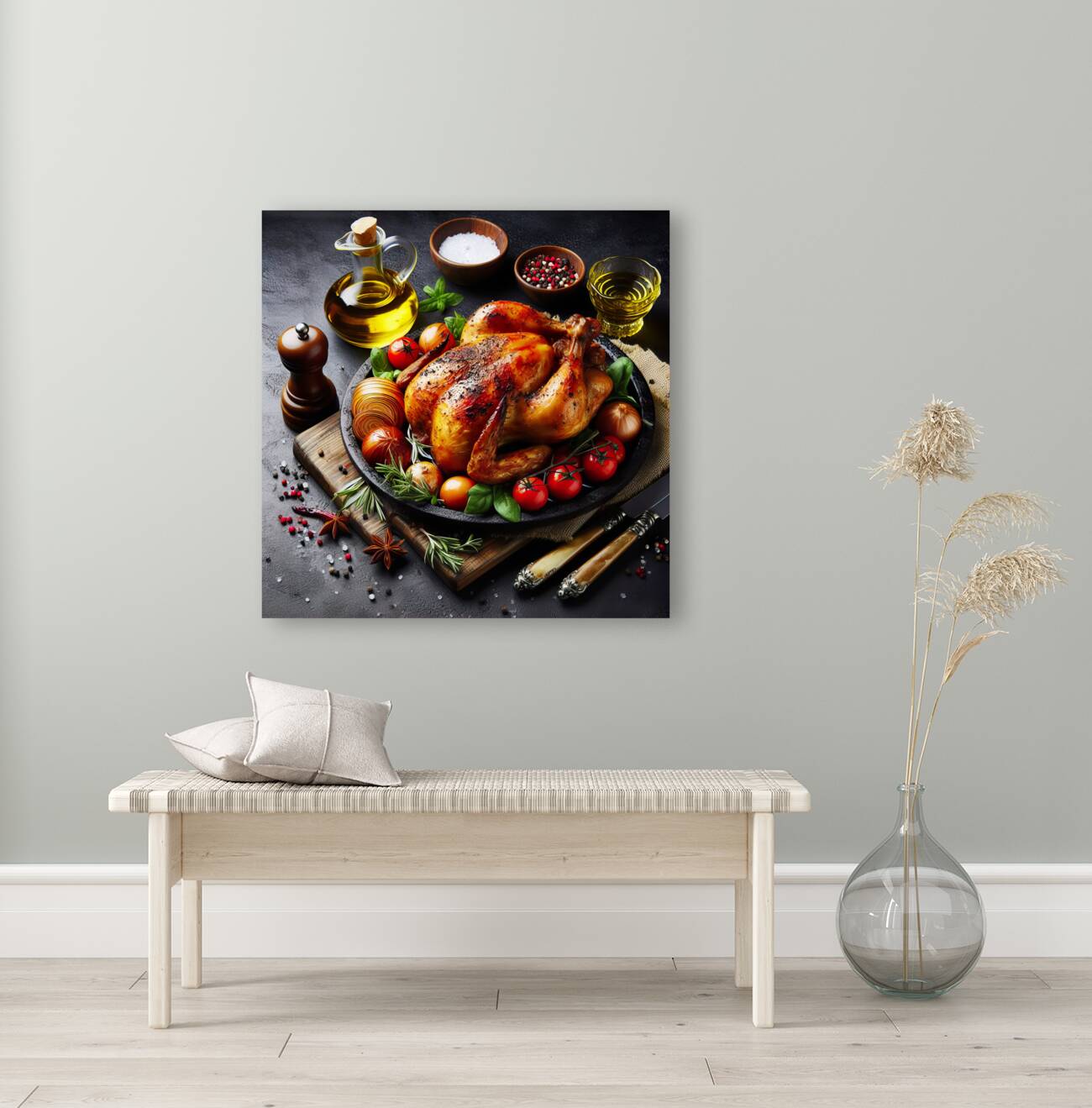 Roasted chicken on wooden board 11 Reproduction