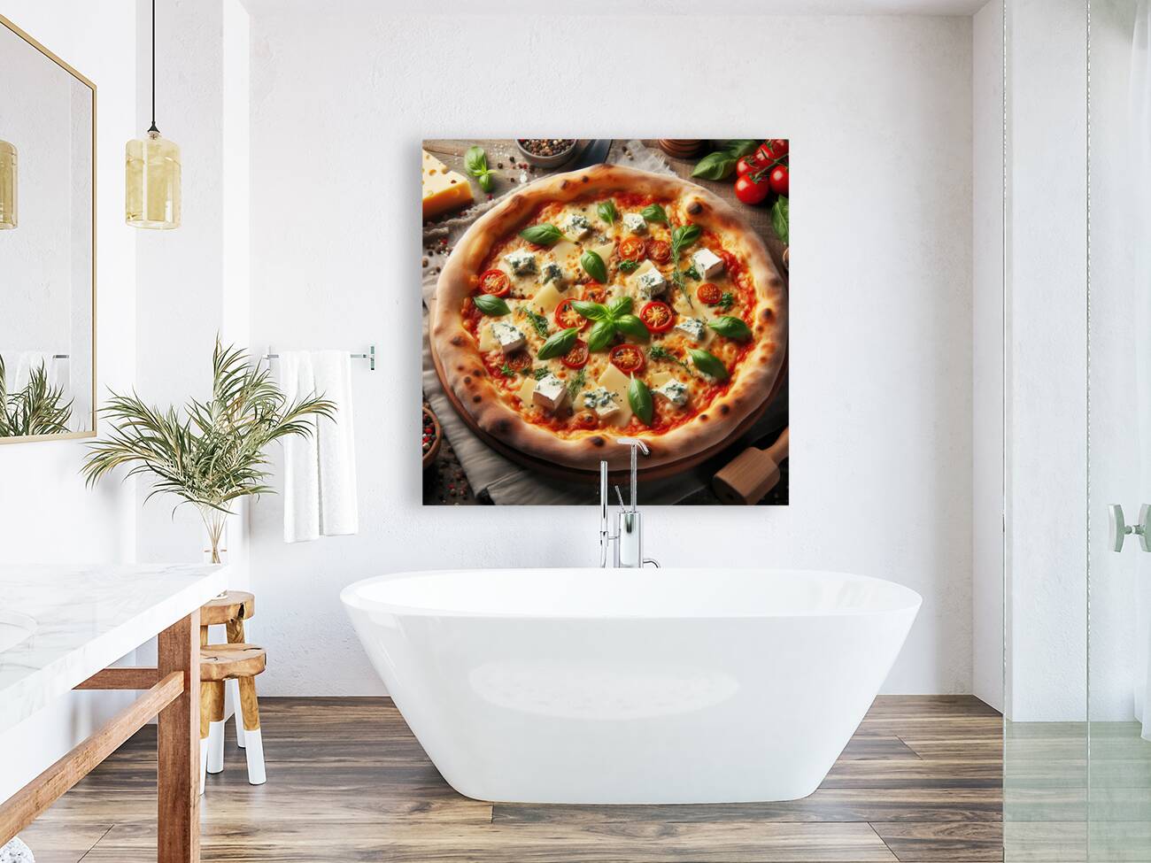 a delicious Italian salami cheese pizza over a wo Reproduction