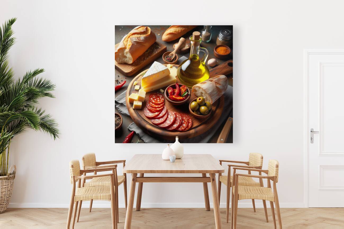 A wooden board with a variety of foods such as ch 1715187976.0502 Reproduction