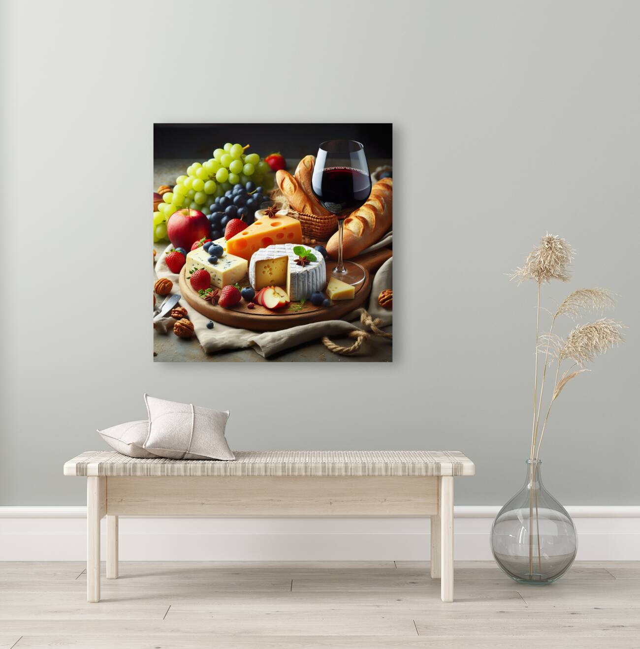 A wooden board with a variety of foods such as ch 1715187951.3367 Reproduction