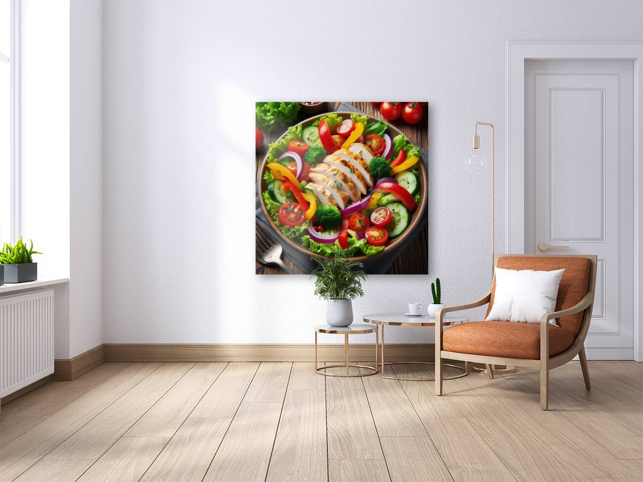 Chicken salad with tomato lettuce on wooden board 1715271873.2538 Reproduction